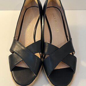 Jack Rogers Criss-Cross Wedge Espadrilles Black Faux Leather Women's Size 10M